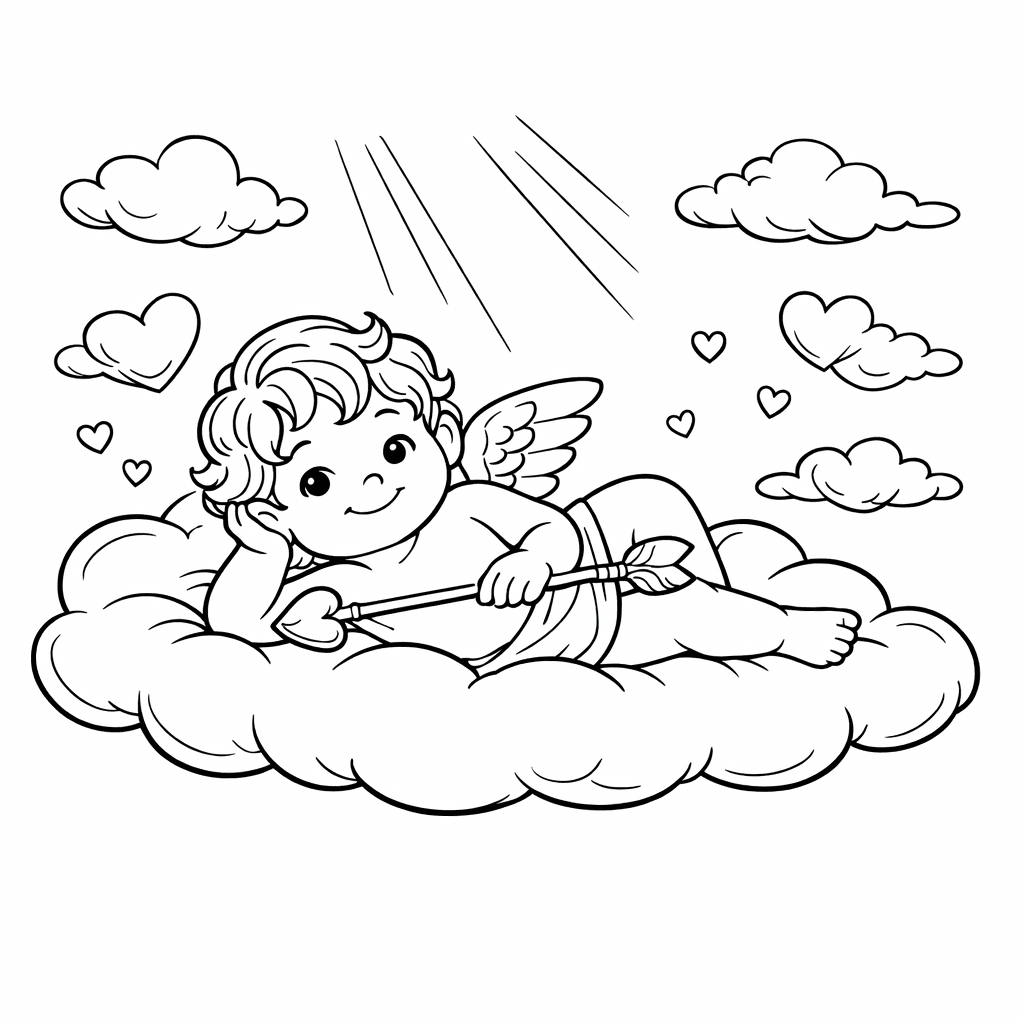 Free printable coloring page: Object Only: A Cute Cupid With Clean Outlines,…, for ages 7-12