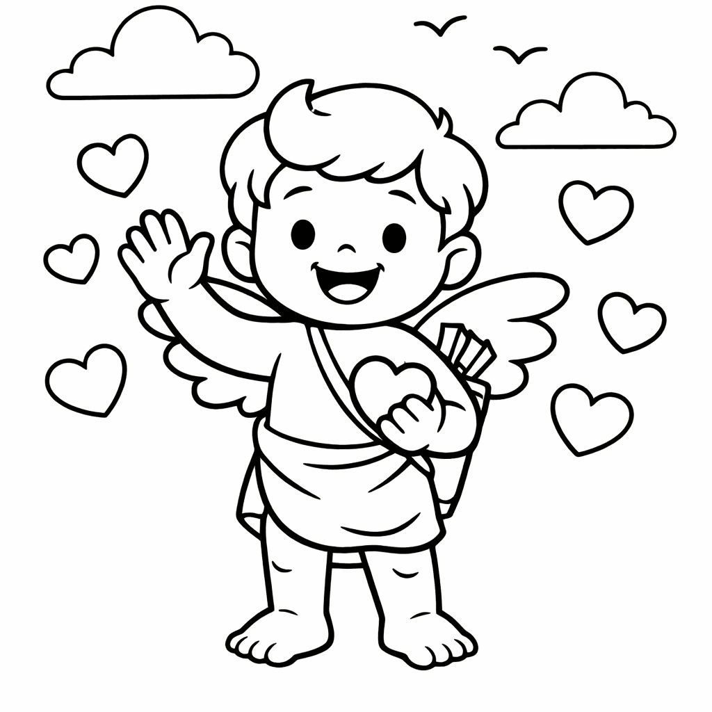 Free printable coloring page: Cupid And Heart, for ages 3-6