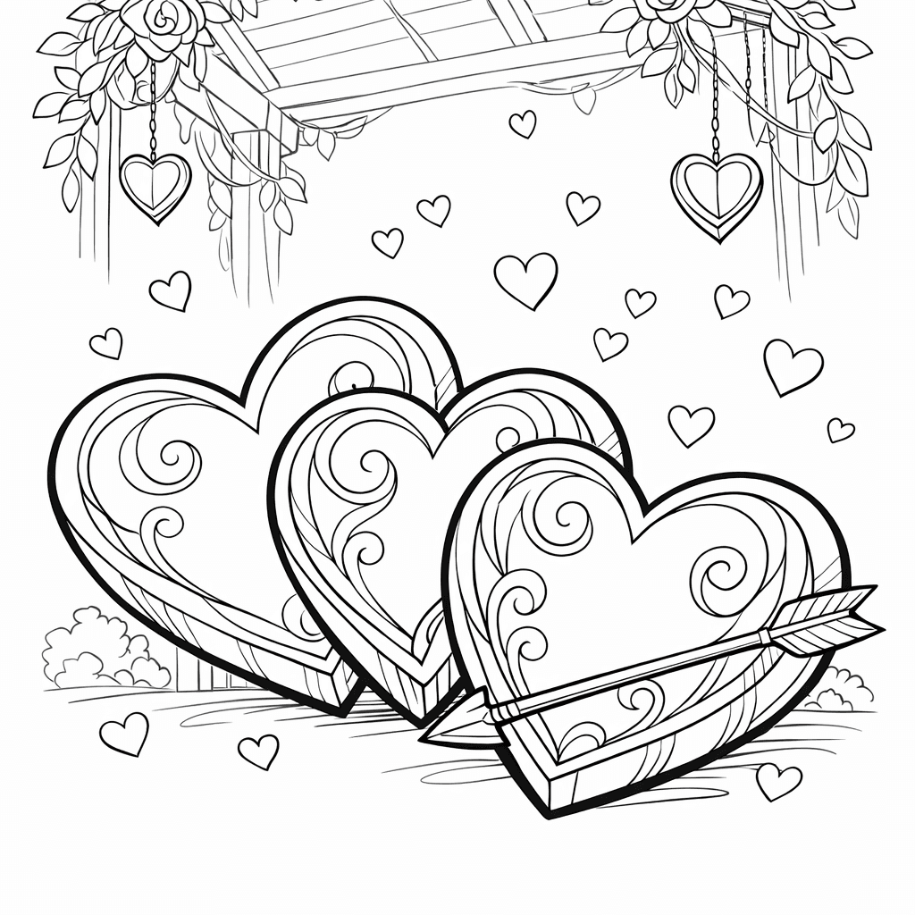 Free printable coloring page: Heart And Ribbon, for ages 7-12
