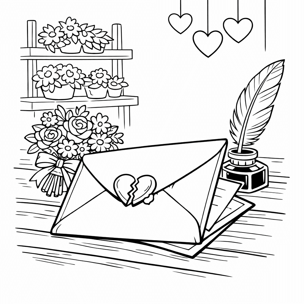 Free printable coloring page: Valentine Letter, for ages 7-12