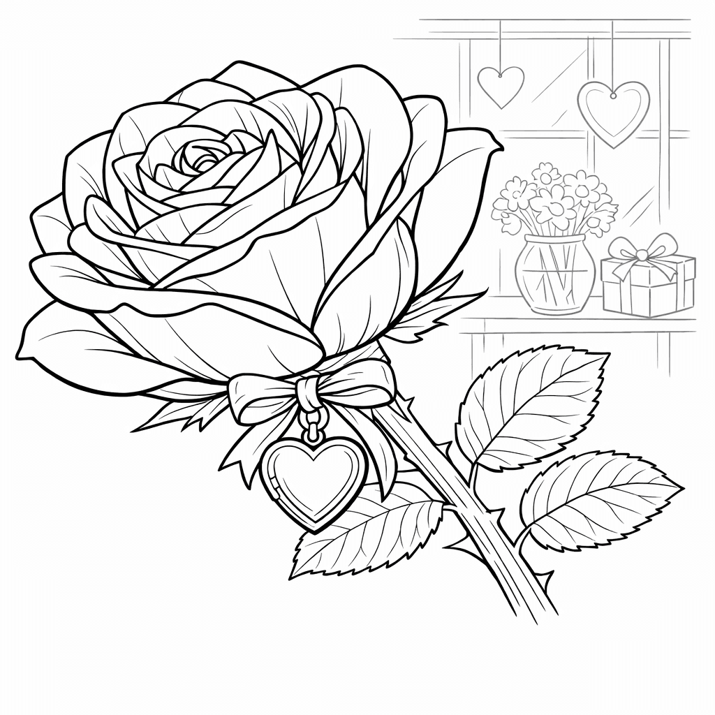 Free printable coloring page: Valentine Rose, for ages 7-12