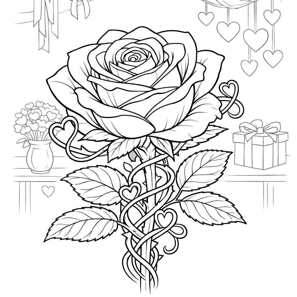 Free printable coloring page: Rose And Heart, for ages 7-12