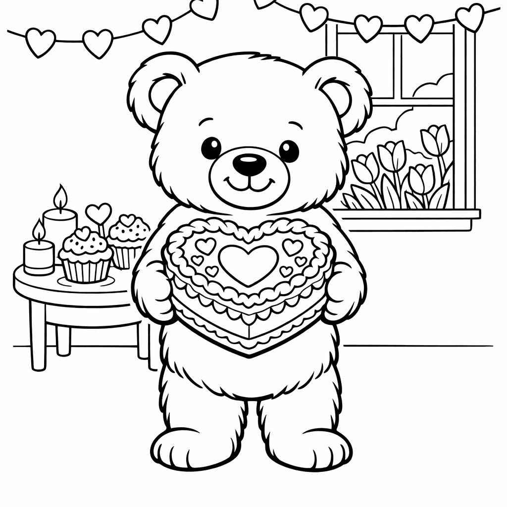 Free printable coloring page: Teddy Holding Heart, for ages 7-12