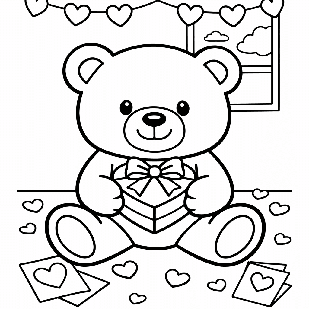Free printable coloring page: Valentine Teddy, for ages 3-6