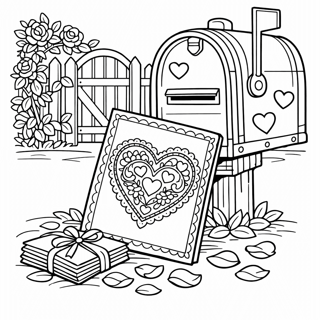 Free printable coloring page: Valentine Card And Heart, for ages 7-12