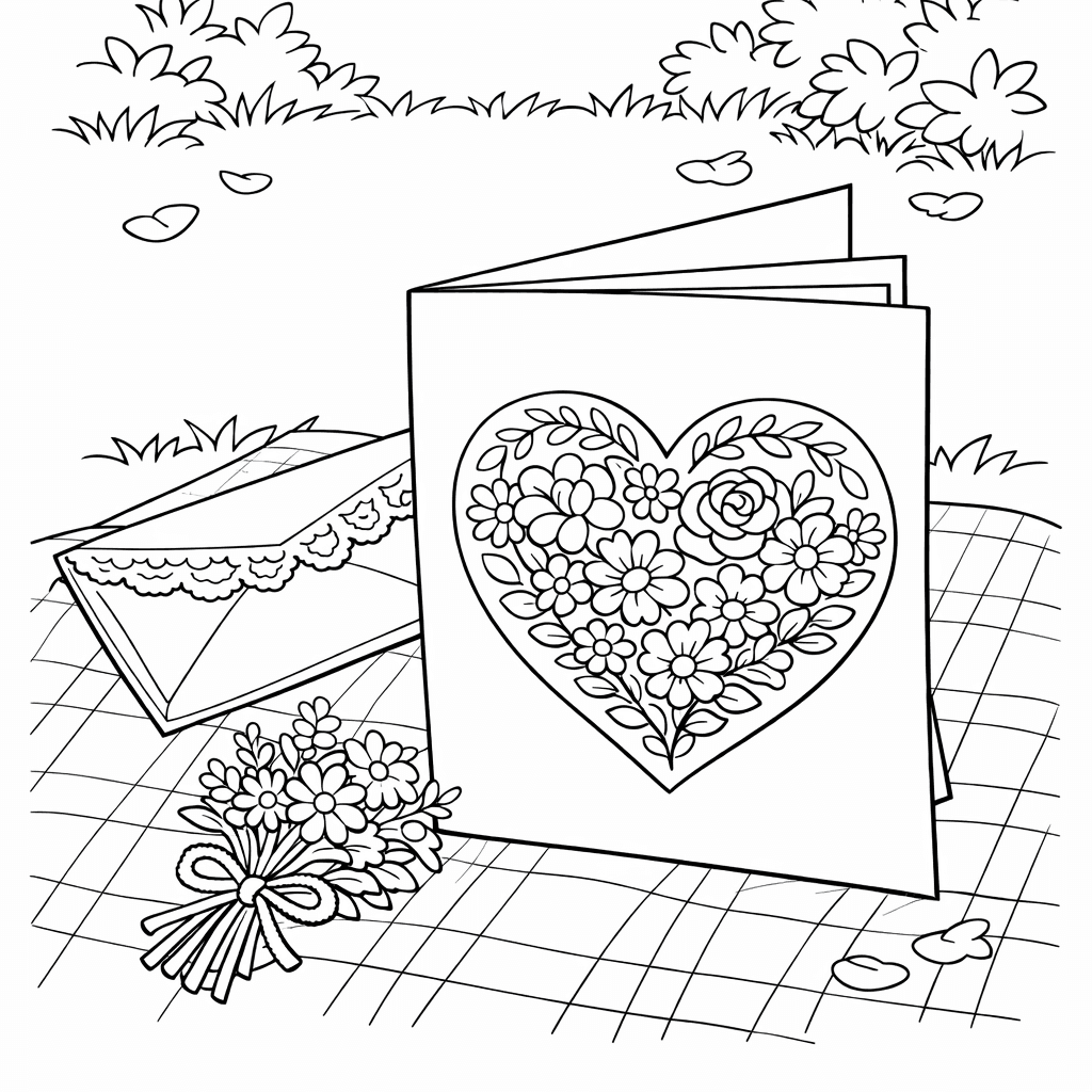 Free printable coloring page: Card And Flowers, for ages 7-12