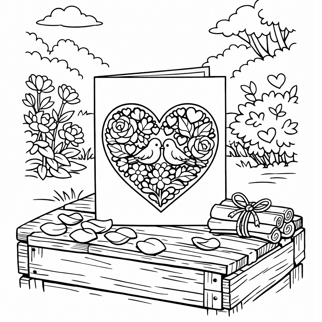 Free printable coloring page: Valentine Card And Heart, for ages 7-12