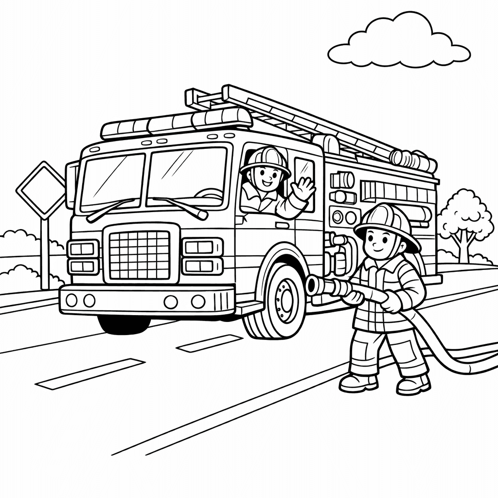 Free printable coloring page: In A Cozy Garage, A Firefighter Wearing A…, for ages 7-12