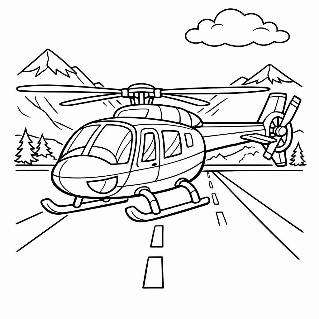 Free printable coloring page: A Bright Yellow Helicopter Lands Beside A Sandy…, for ages 7-12