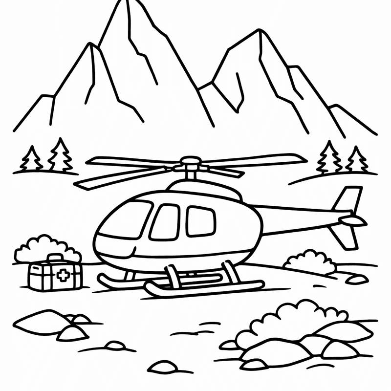 Free printable coloring page: Helicopter And Mountains, for ages 3-6