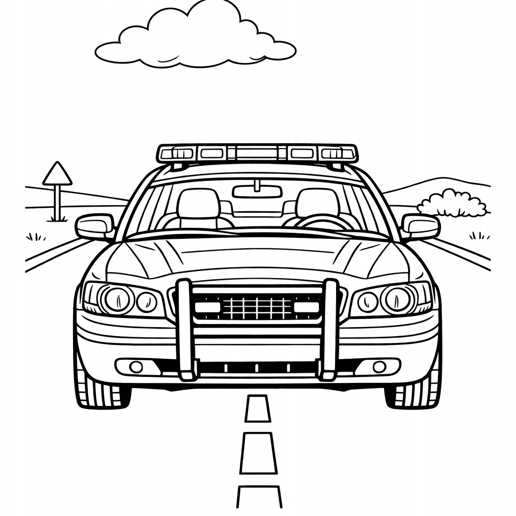 Free printable coloring page: In A Whimsical Forest Clearing, A Police Car…, for ages 7-12