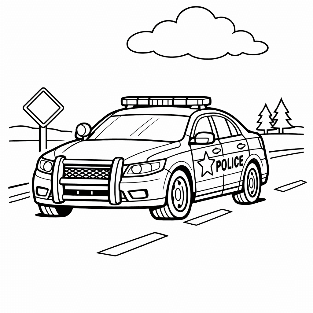 Free printable coloring page: In A Dramatic Night Scene, A Police Car's…, for ages 7-12