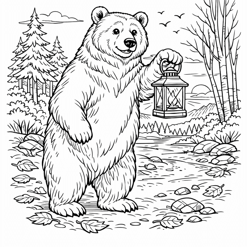 Bear Coloring Page — A Bear Walking Through Autumn Forest