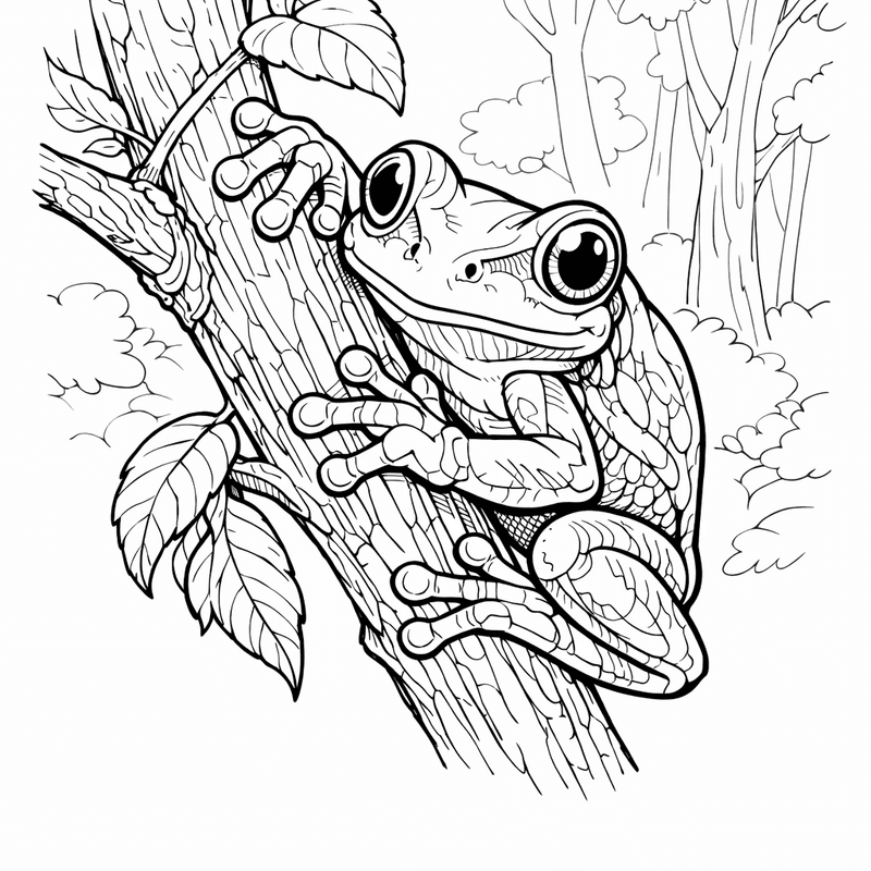 Frog Coloring Page — A Tree Frog Clinging To A Branch With Big Eyes