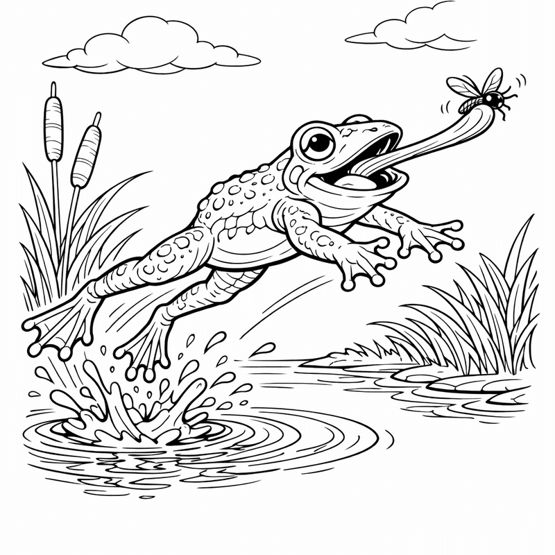 Frog Coloring Page — A Frog Catching A Fly With Its Long Tongue