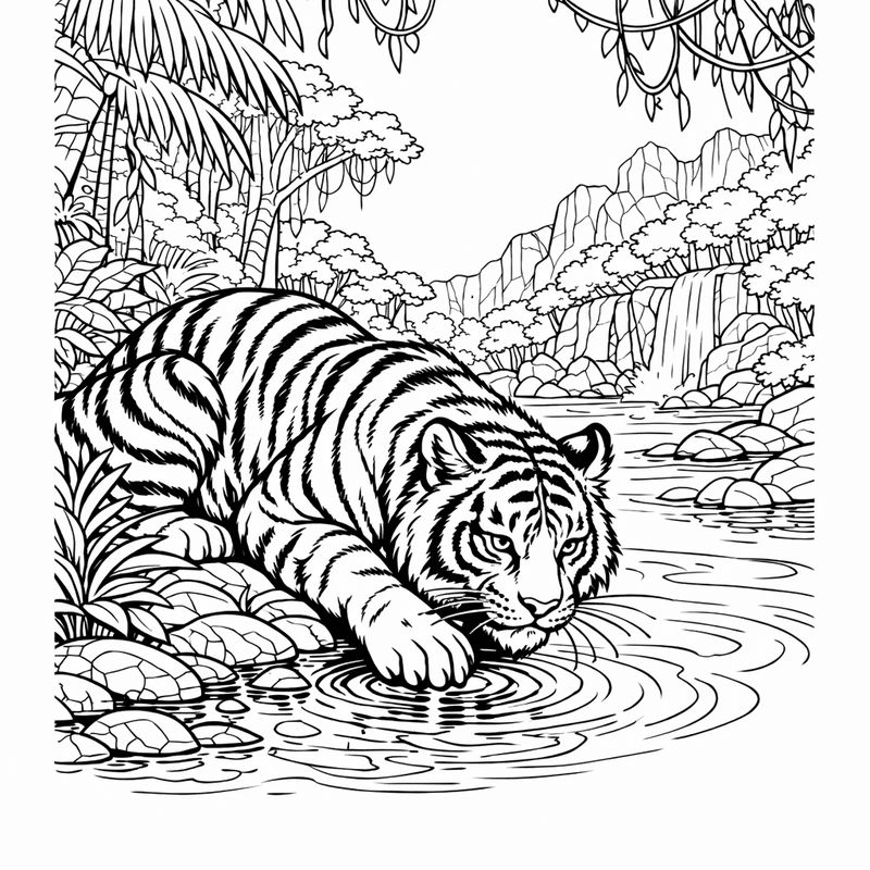Tiger Coloring Page — A Tiger Walking Through Tall Grass With Stripes Visible