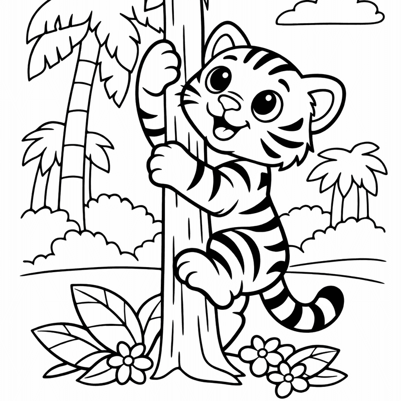 Tiger Coloring Page — A Tiger Resting On A Tree Branch In The Jungle