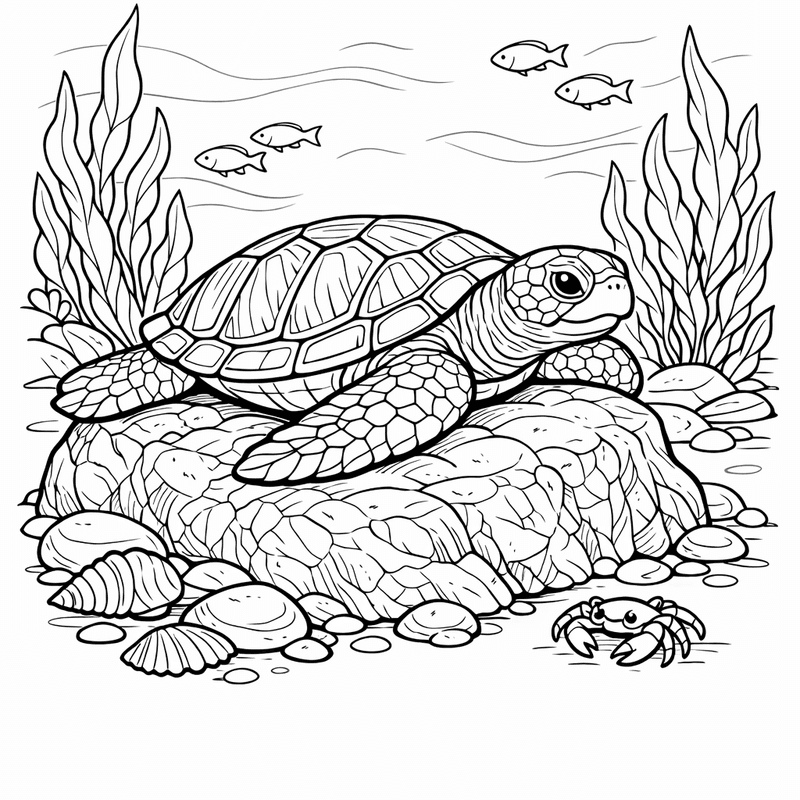 Turtle Coloring Page — A Sea Turtle Swimming Through Ocean Waves With Fish