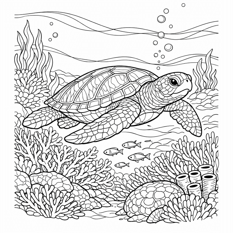 Turtle Coloring Page — A Sea Turtle Gliding Past Coral Reef And Seaweed