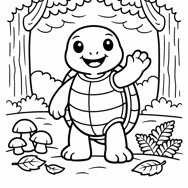 Turtle Coloring Page — A Turtle Walking Slowly Through A Garden With Flowers