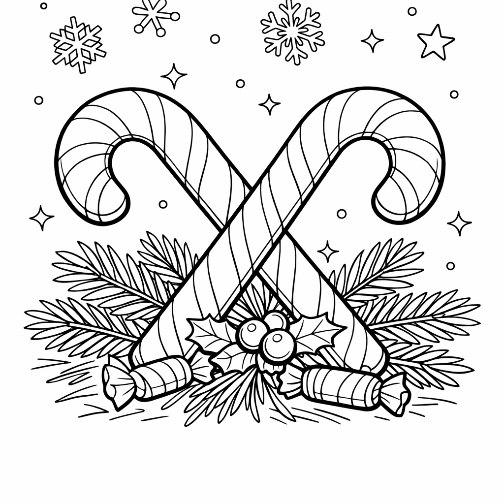 Candy Cane Coloring Page — Object Only: Two Or Three Candy Canes Side By Side, Simple And Adorable, No Background