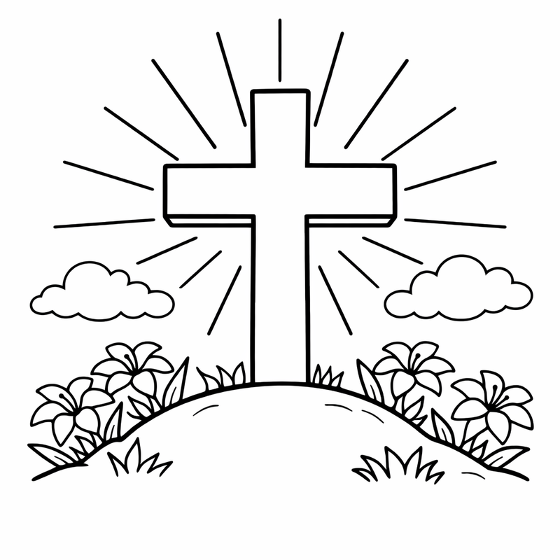 Cross Coloring Page — A Cross Surrounded By Spring Flowers And Butterflies