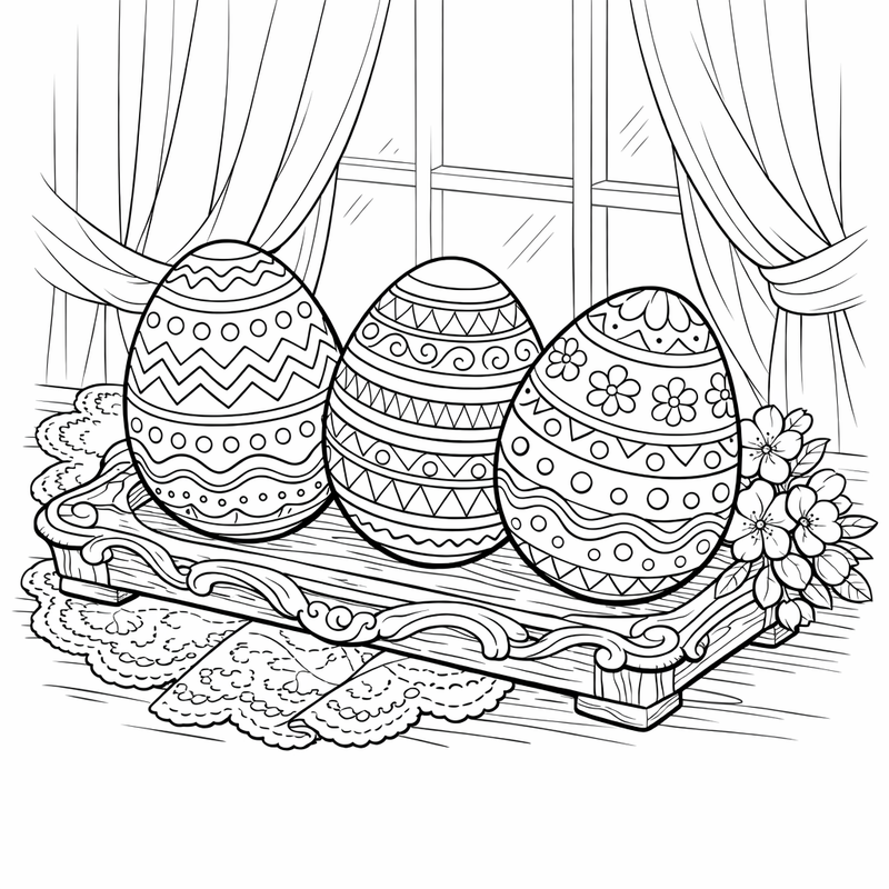 Decorated Eggs Coloring Page — A Nest Full Of Decorated Easter Eggs With A Bow