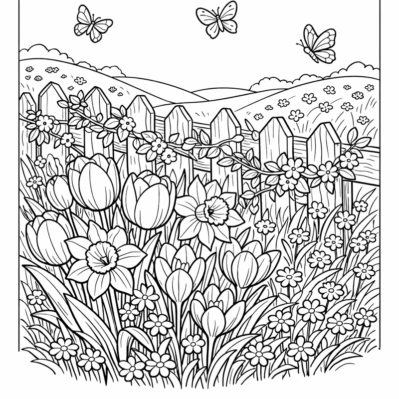 Spring Flowers Coloring Page — A Garden Full Of Tulips Daffodils And Crocuses