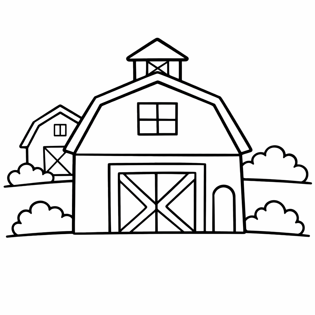 Barn Coloring Page — Object Only: Two Or Three Barns Side By Side, Simple And Adorable, No Background