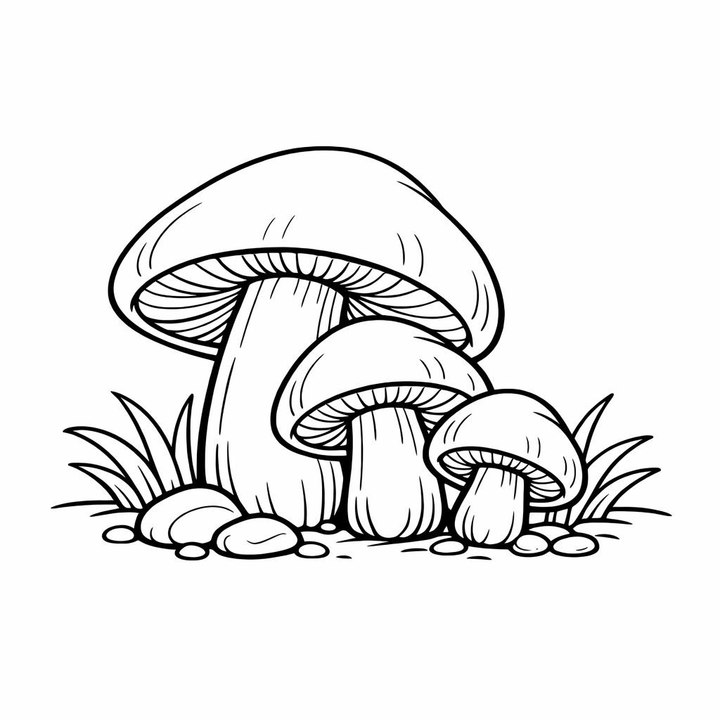 Mushroom Coloring Page — Object Only: Two Or Three Mushrooms Side By Side, Simple And Adorable, No Background