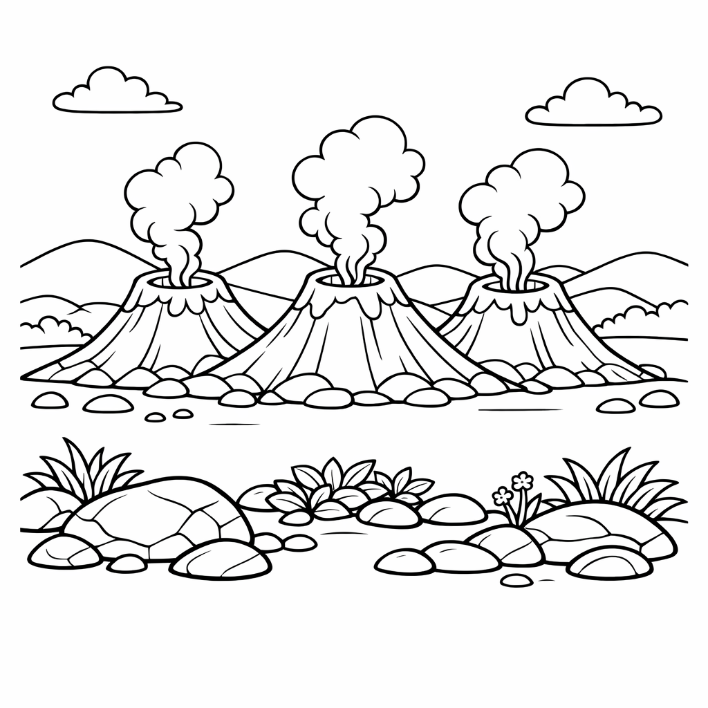 Volcano Coloring Page — Object Only: Two Or Three Volcanos Side By Side, Simple And Adorable, No Background