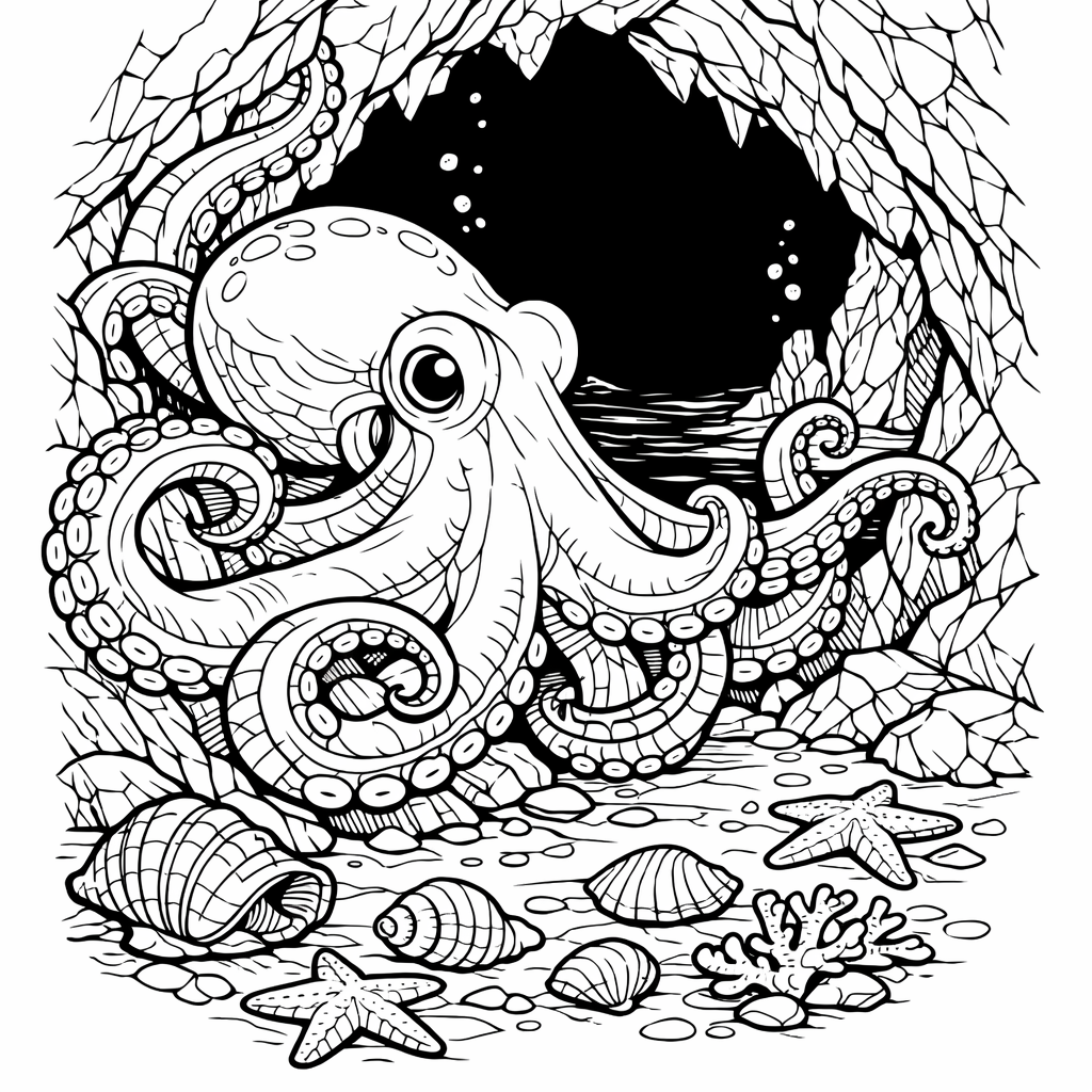 Octopus Coloring Page — Octopus In Cave