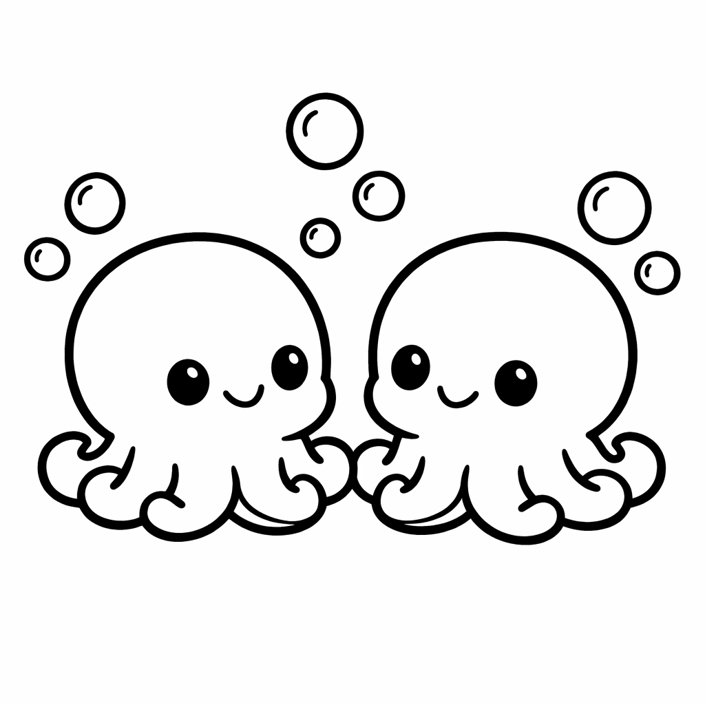 Octopus Coloring Page — Object Only: Two Or Three Octopuss Side By Side, Simple And Adorable, No Background