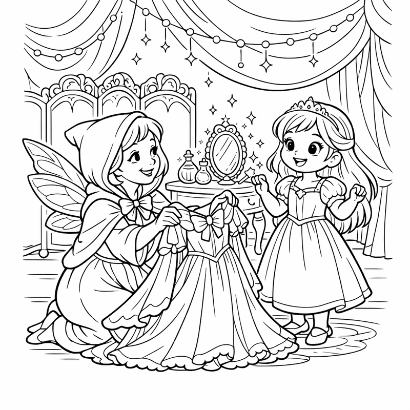 Fairy Godmother Coloring Page — A Fairy Godmother Giving A Princess A Beautiful Gown
