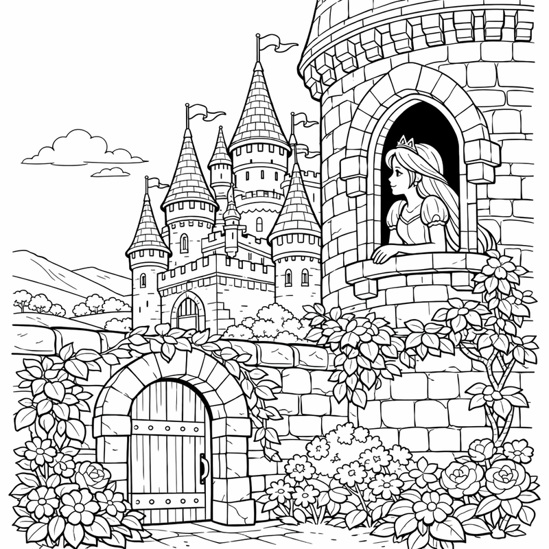 Fairy Tale Castle Coloring Page — A Princess Looking Out From A Castle Tower Window