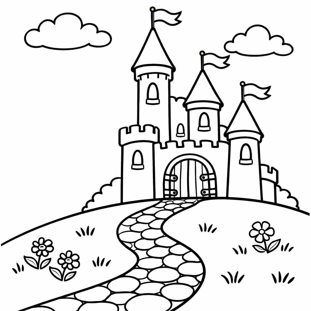 Fairy Tale Castle Coloring Page — A Castle With A Moat And Drawbridge In A Magical Forest