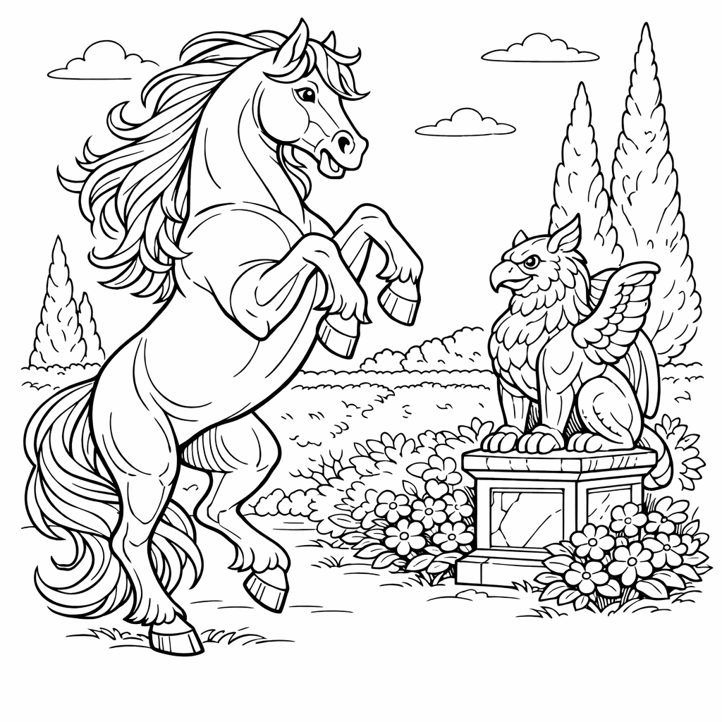 Horse Coloring Page — Horse In Meadow