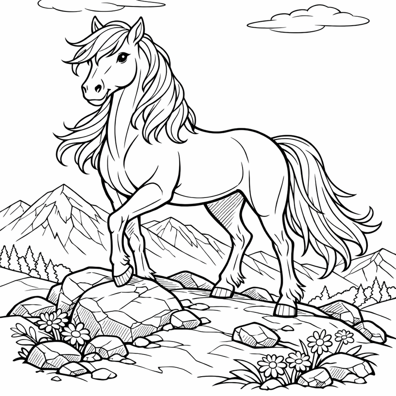 Horse Coloring Page — Object Only: Two Or Three Horses Side By Side, Simple And Adorable, No Background