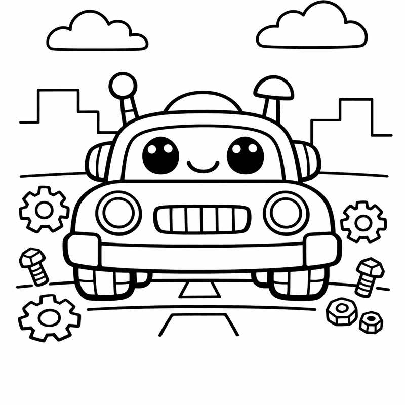 Robot Car Coloring Page — Object Only: Two Or Three Robot Cars Side By Side, Simple And Adorable, No Background