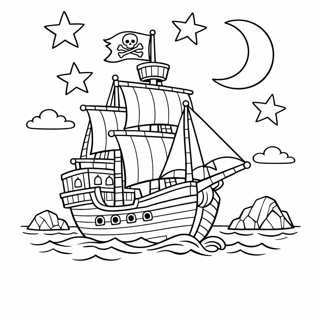Pirate Ship Coloring Page — Pirate Ship Anchored Near A Tropical Island, Treasure…