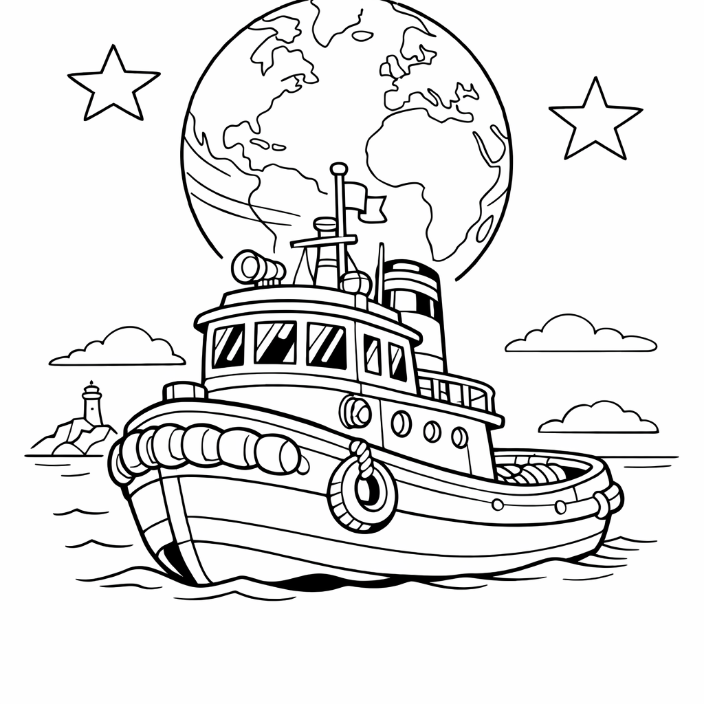 Tugboat Coloring Page — Tugboat Towing A Giant Rainbow-colored Whale In Clear…