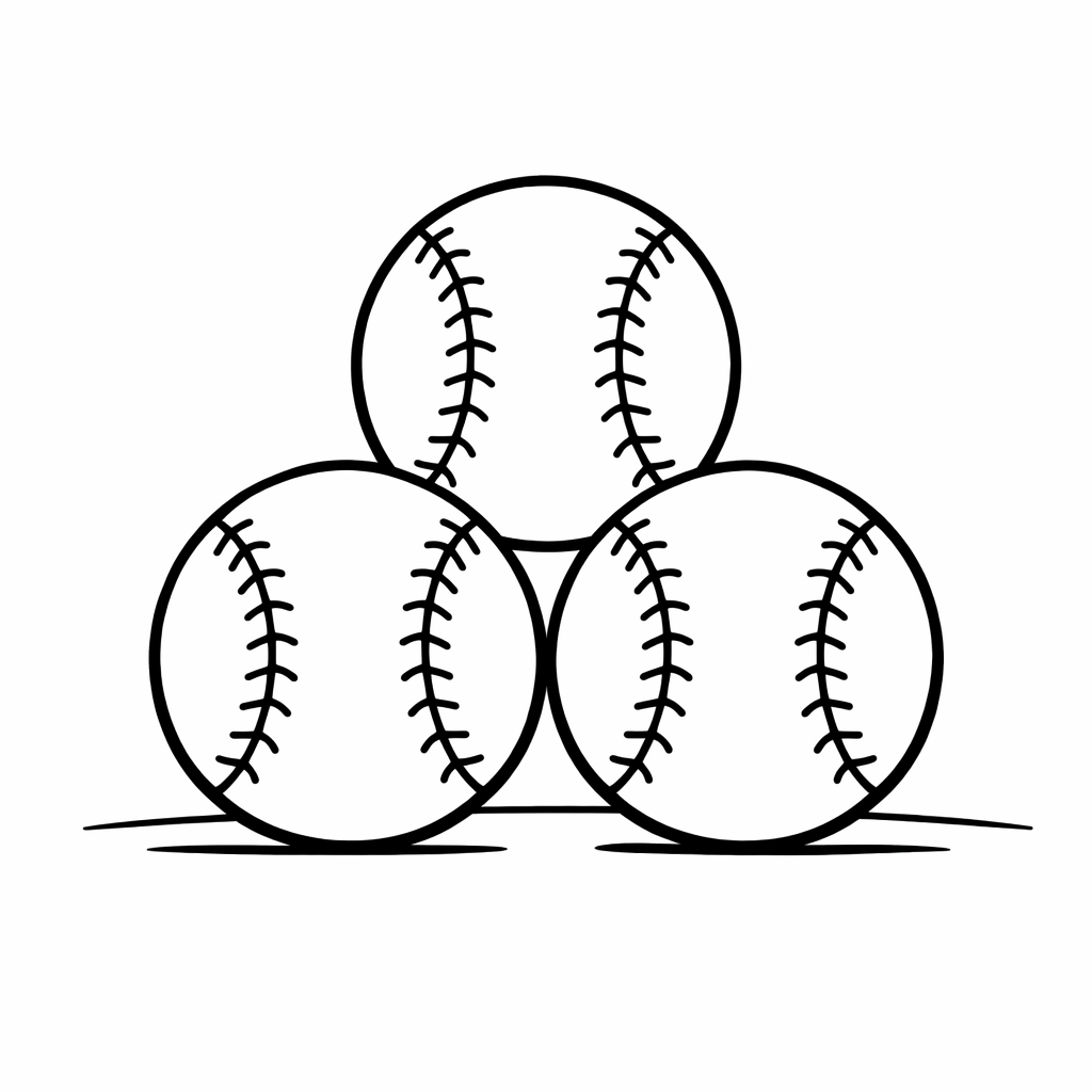 Baseball Coloring Page — Object Only: Two Or Three Baseballs Side By Side, Simple And Adorable, No Background