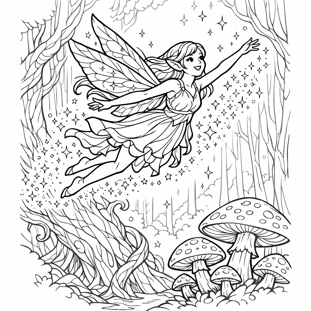 Fairy Coloring Page — A Fairy Watering Tiny Flowers In A Garden