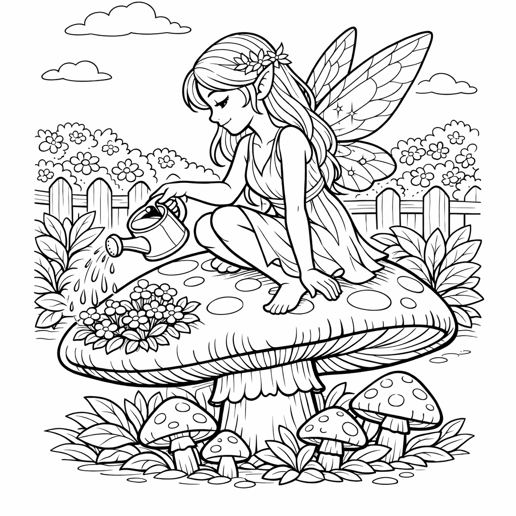 Fairy Coloring Page — A Fairy And A Unicorn Together In A Meadow