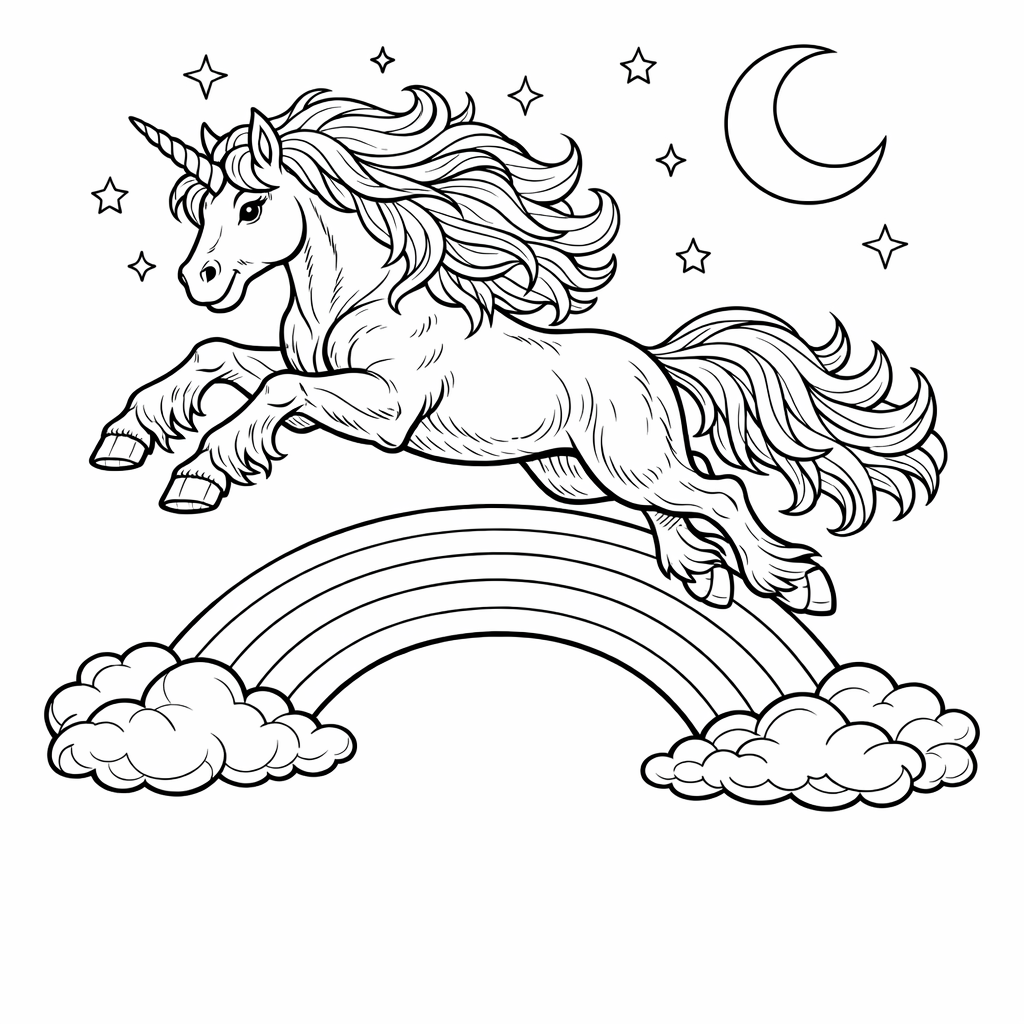 Rainbow Unicorn Coloring Page — Object Only: Two Or Three Rainbow Unicorns Side By Side, Simple And Adorable, No Background