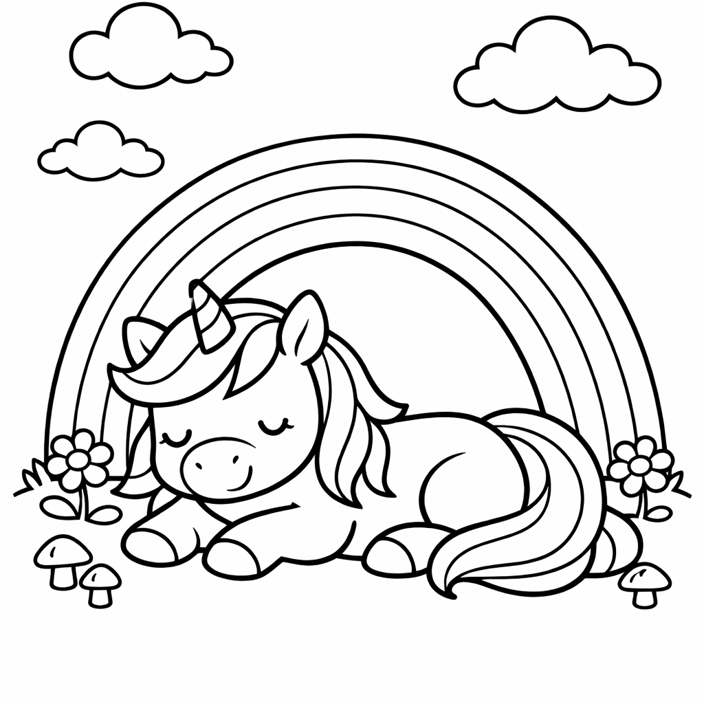 Rainbow Unicorn Coloring Page — Object Only: A Cute Rainbow Unicorn With Clean Outlines, No Background