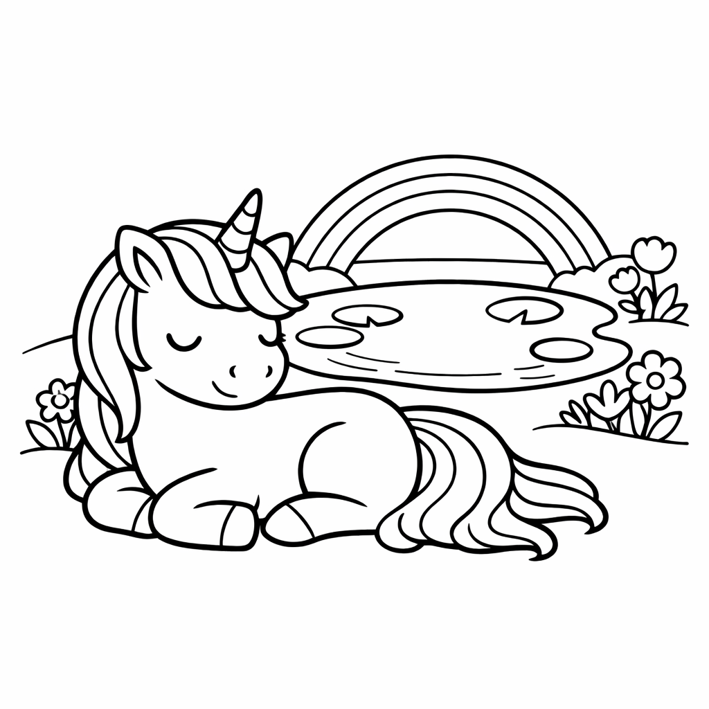 Rainbow Unicorn Coloring Page — Object Only: A Cute Rainbow Unicorn With Clean Outlines, No Background